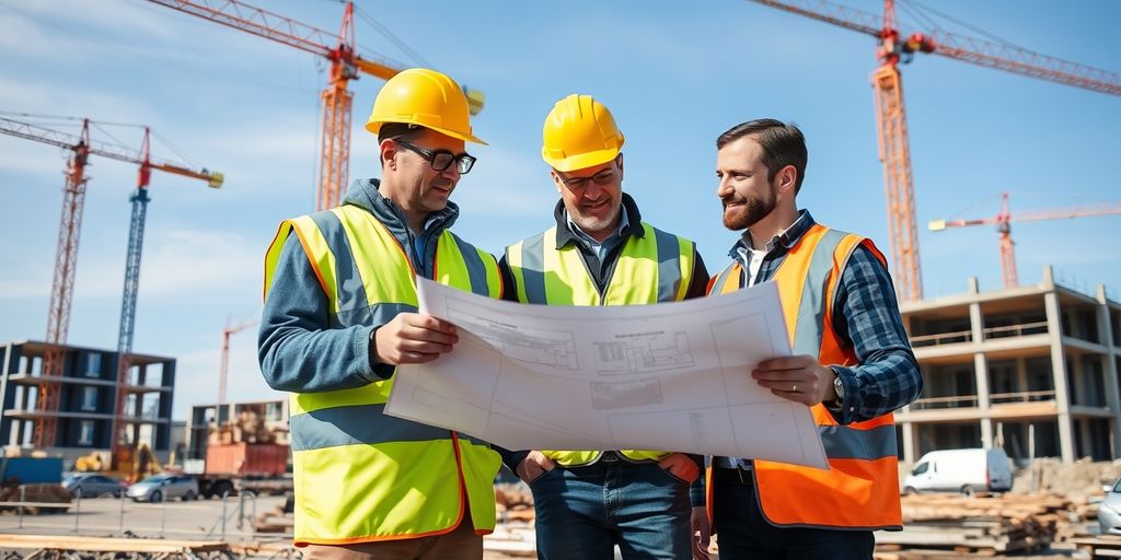 PCSS Contractors - Proven Construction Scheduling Consultant Consultant and manager reviewing blueprints at construction site.