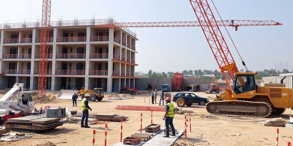 Construction site with workers and machinery